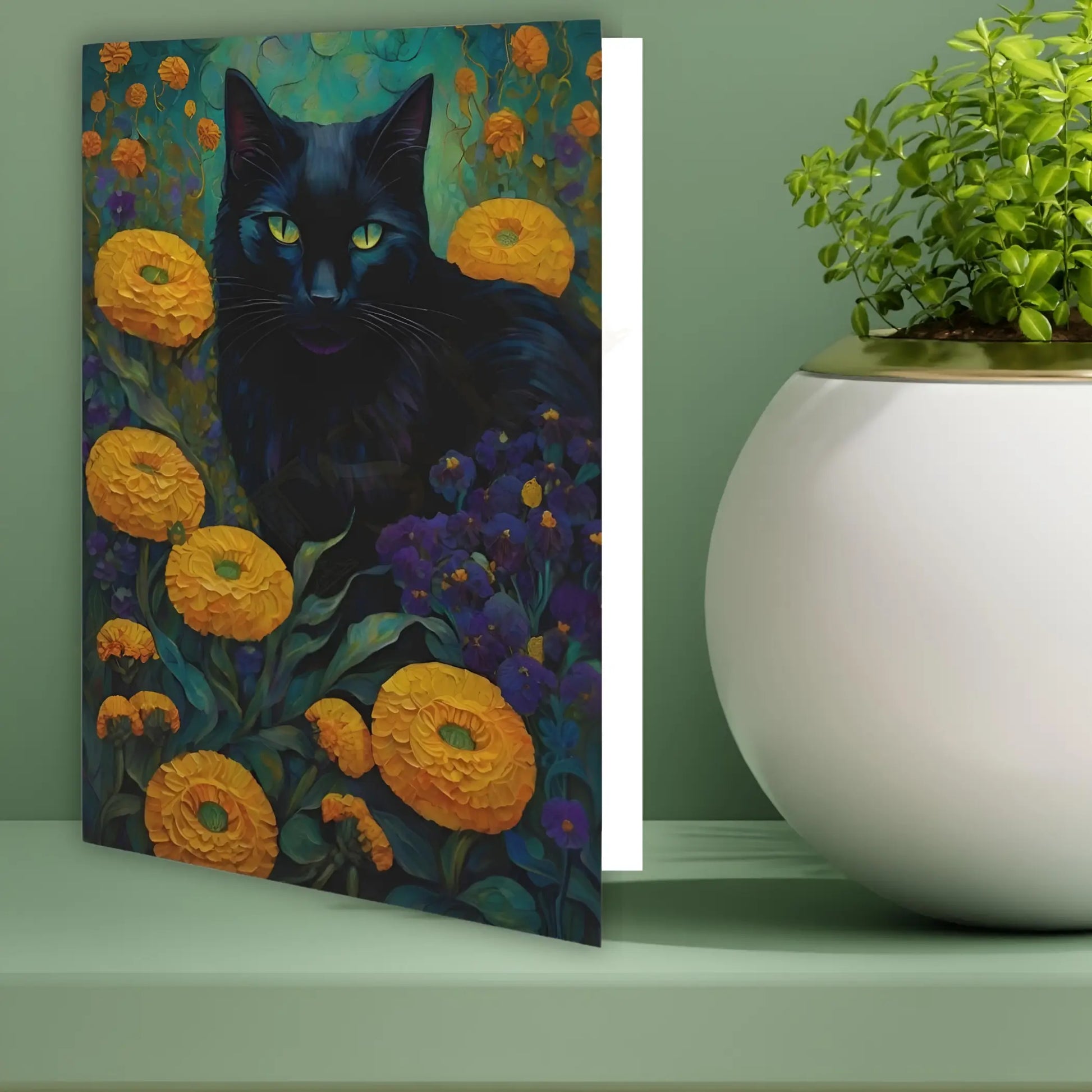 Black Cat among Marigolds Greeting Card. Ships from Australia. - All occasion cards