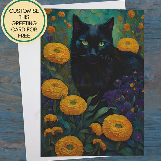 Black Cat among Marigolds Greeting Card. Ships from Australia. - 6.9’’ x 4.9’’ / Glossy / 1 pc - All occasion cards