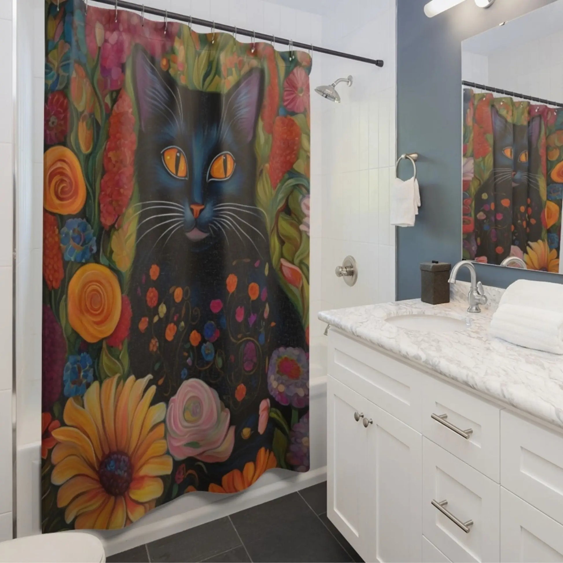 Black Cat Shower Curtain. - 71’’ × 74’’ - Shower curtain