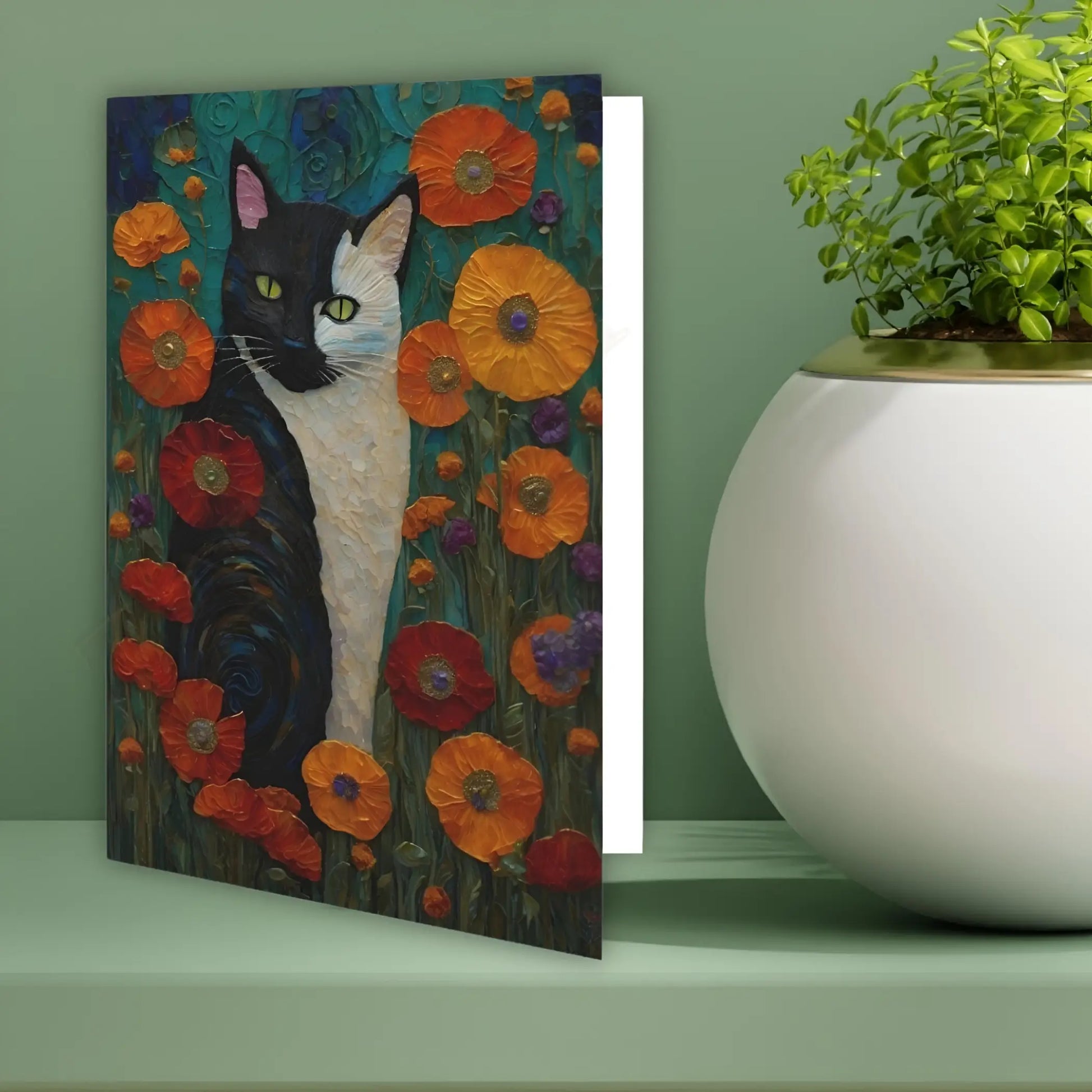 Black and White Cat among Poppies Greeting Card. Ships from Australia. - All occasion cards