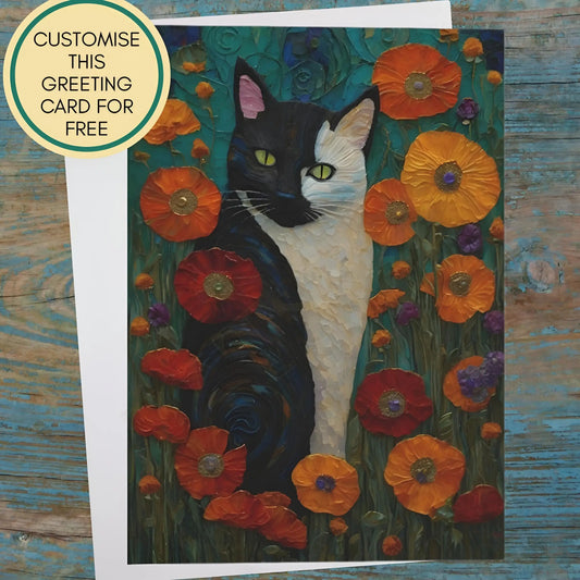 Black and White Cat among Poppies Greeting Card. Ships from Australia. - 6.9’’ x 4.9’’ / Glossy / 1 pc - All occasion
