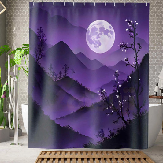 Purple Mountain Moon Shower Curtain. - 71’’ × 74’’ - Home Decor