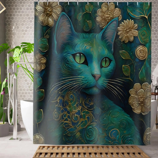 Klimt Style Cat Shower Curtain. - 71’’ × 74’’ - Home Decor