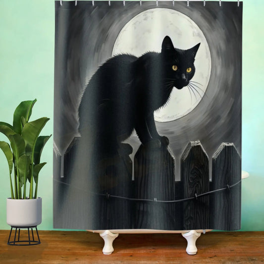 Moonlight Black Cat Shower Curtain. - 71’’ × 74’’ - Home Decor