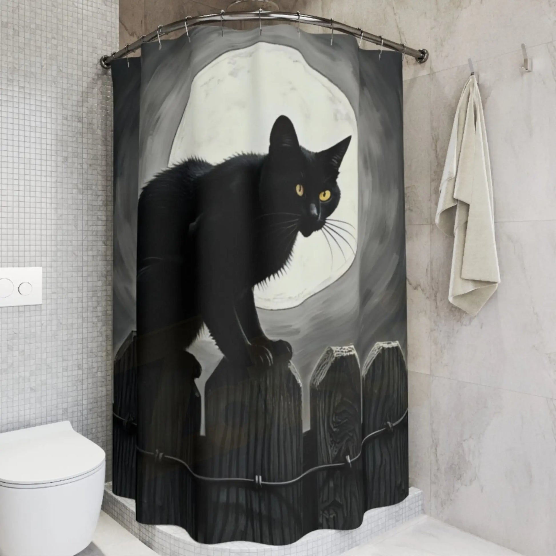 Moonlight Black Cat Shower Curtain. - 71’’ × 74’’ - Home Decor