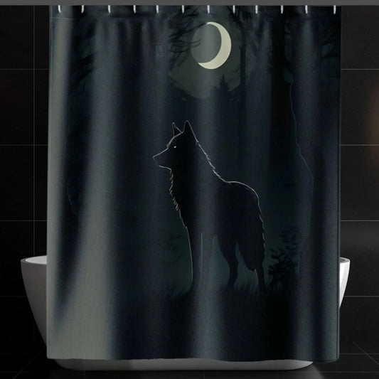 Wolf Under Crescent Moon Shower Curtain. - 71’’ × 74’’ - Shower curtain