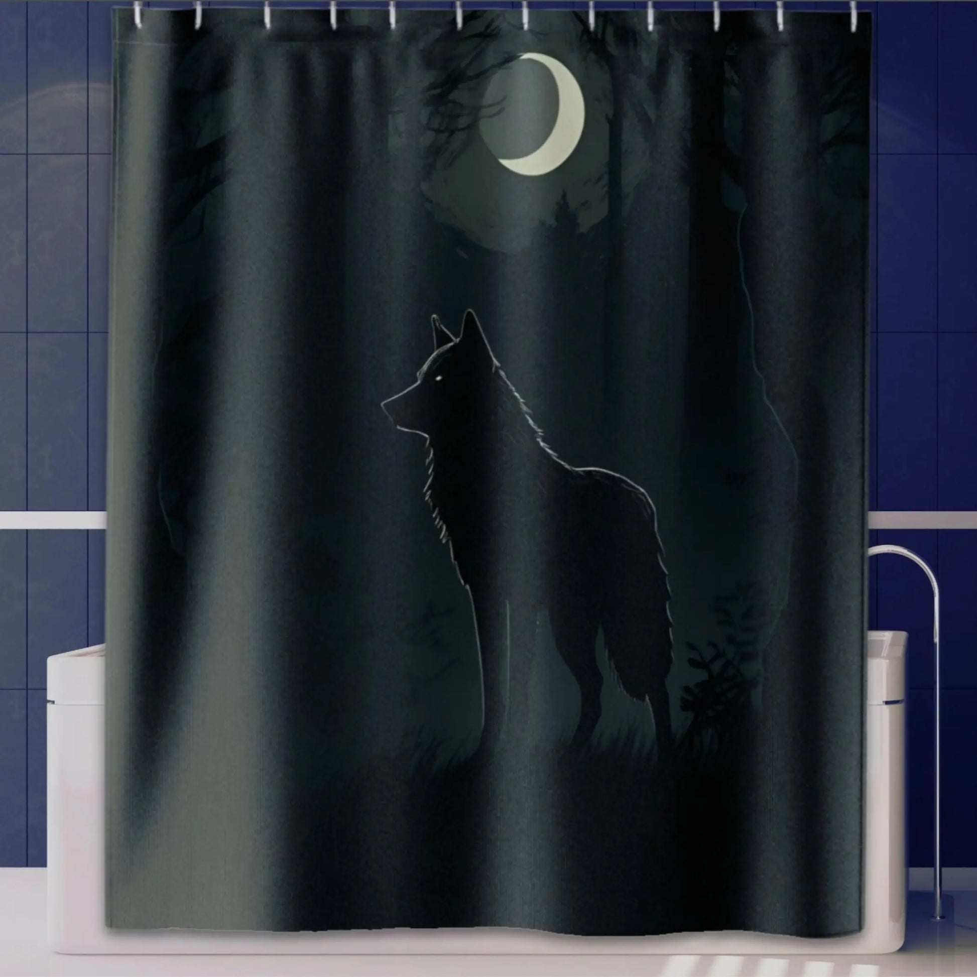 Wolf Under Crescent Moon Shower Curtain. - 71’’ × 74’’ - Shower curtain