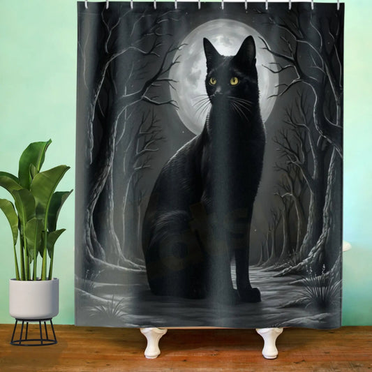 Moonlit Forest Black Cat Shower Curtain. - 71’’ × 74’’ - Shower curtain