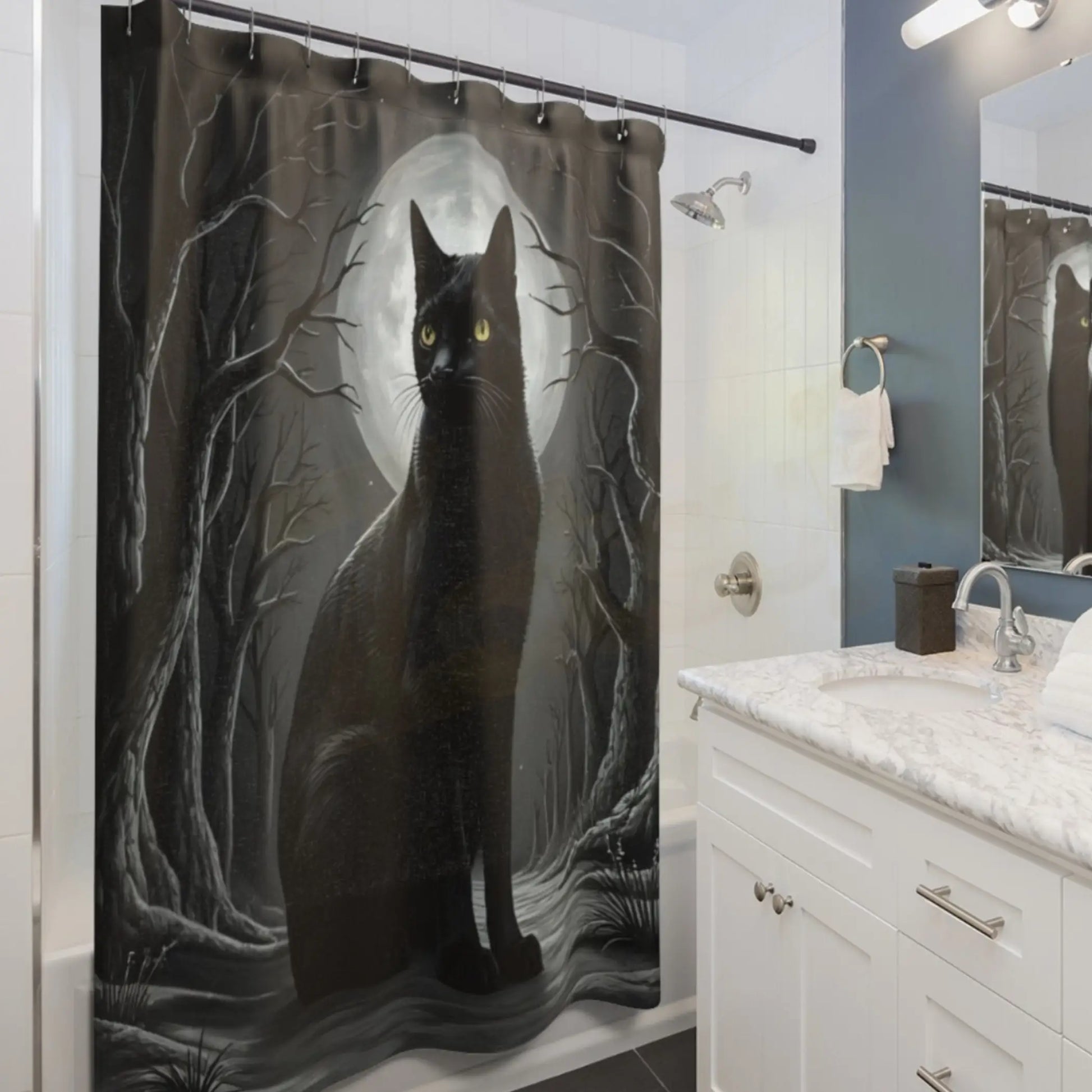 Moonlit Forest Black Cat Shower Curtain. - 71’’ × 74’’ - Shower curtain