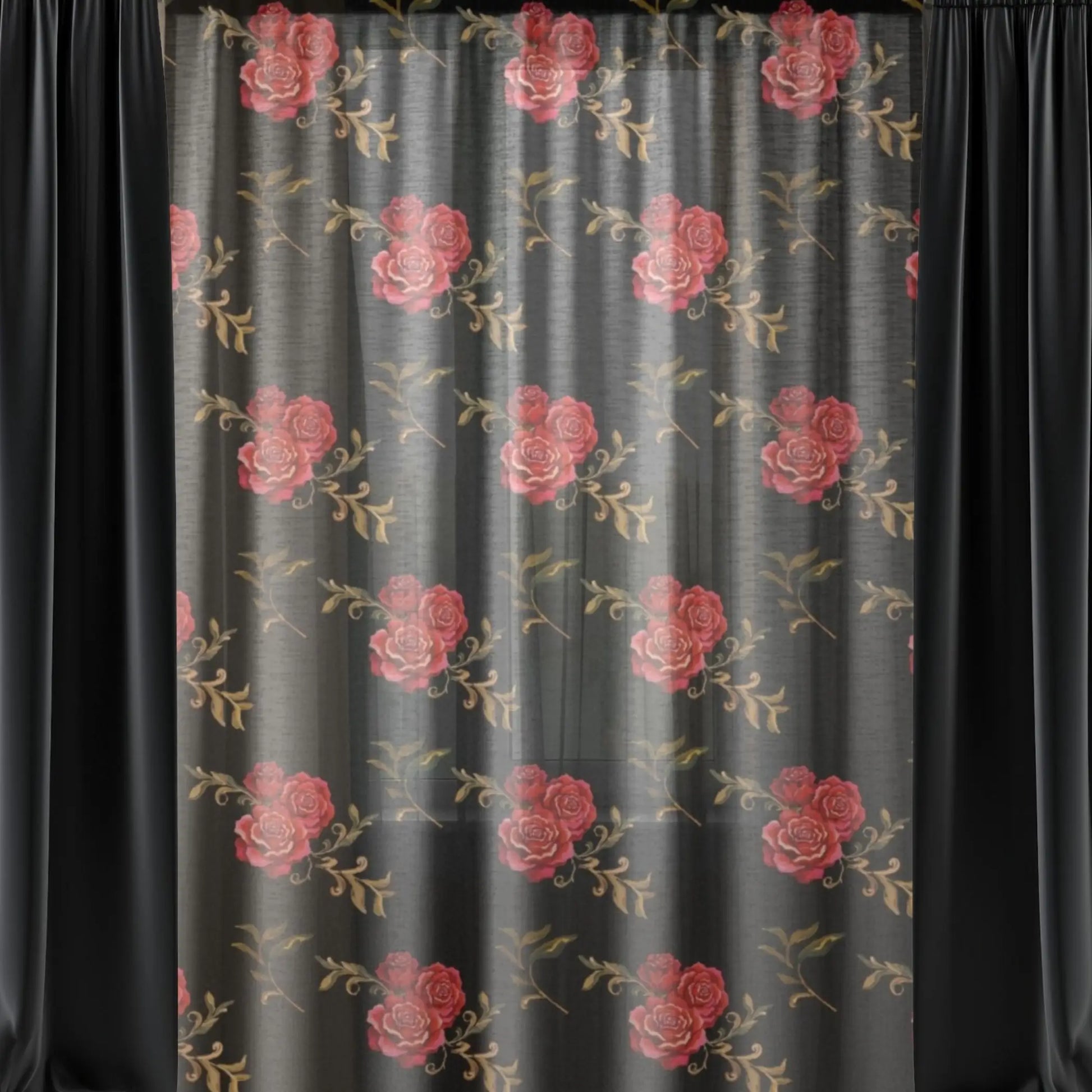 Red Roses Black Sheer Curtain. - Sheer / Black / 50’’ × 84’’ - Sheer curtain