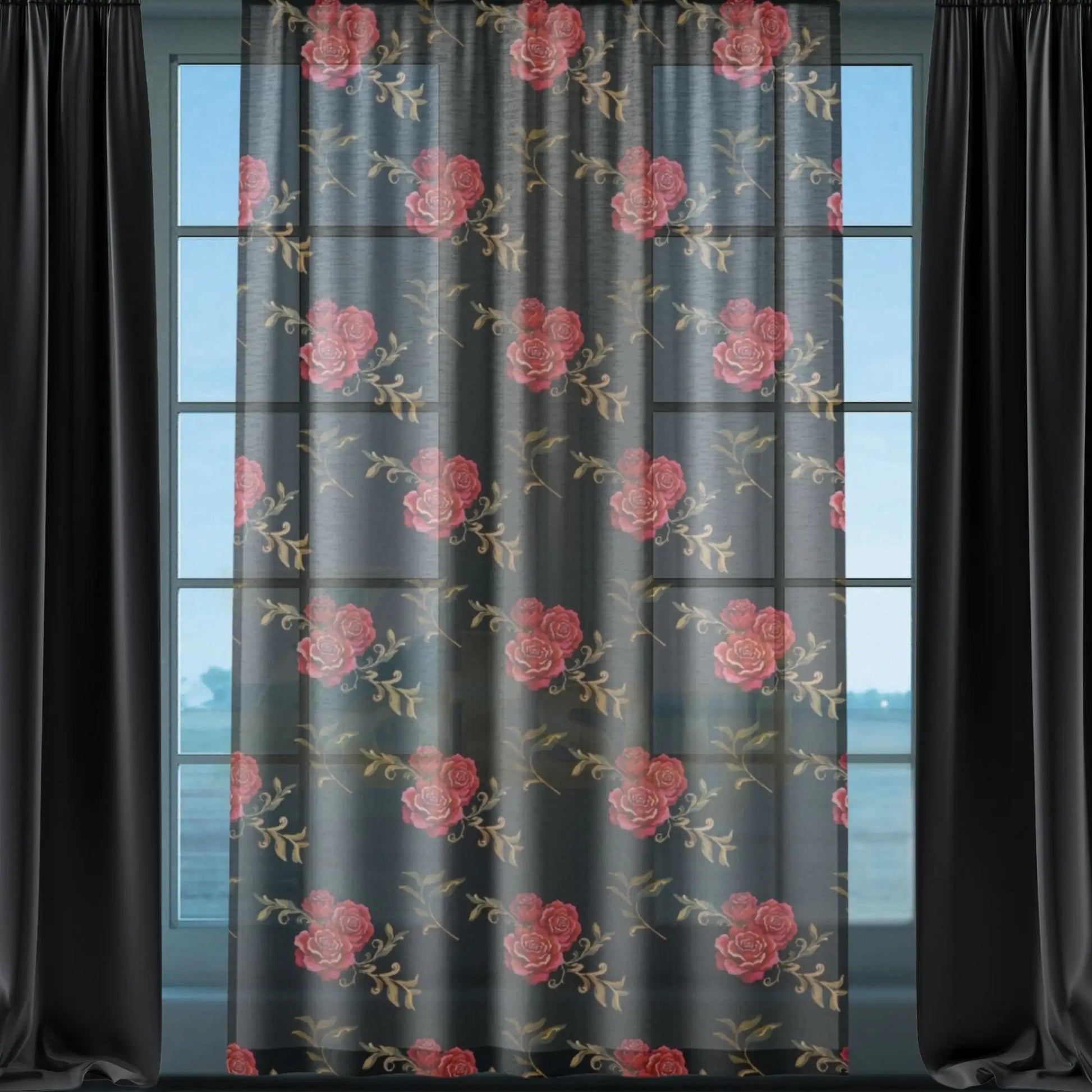 Red Roses Black Sheer Curtain. - Sheer / Black / 50’’ × 84’’ - Sheer curtain
