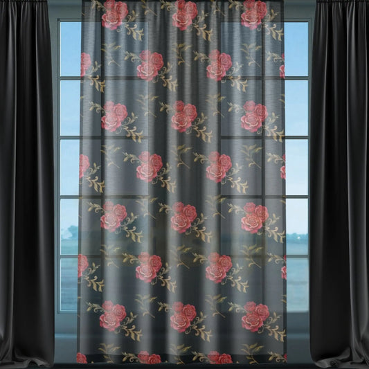 Red Roses Black Sheer Curtain. - Sheer / Black / 50’’ × 84’’ - Sheer curtain