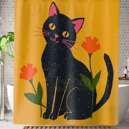 Yellow Retro Black Cat Shower Curtain. - 71’’ × 74’’ - Home Decor