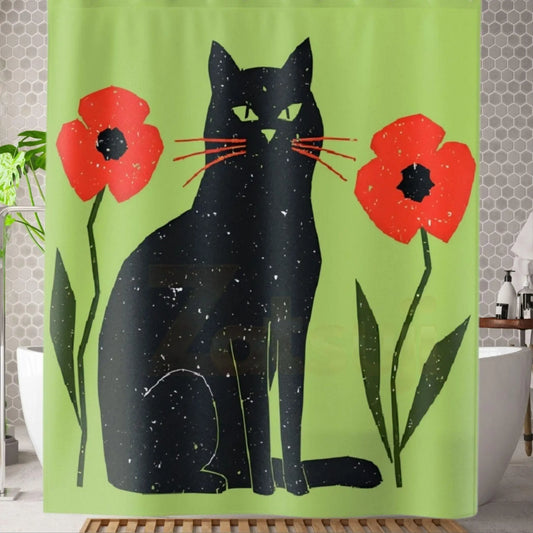 Lime Retro Black Cat Shower Curtain. - 71’’ × 74’’ - Home Decor