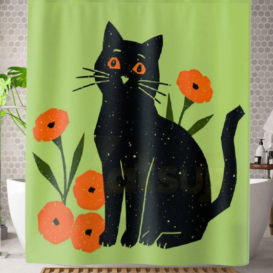 Fun Retro Black Cat Shower Curtain. - 71’’ × 74’’ - Home Decor