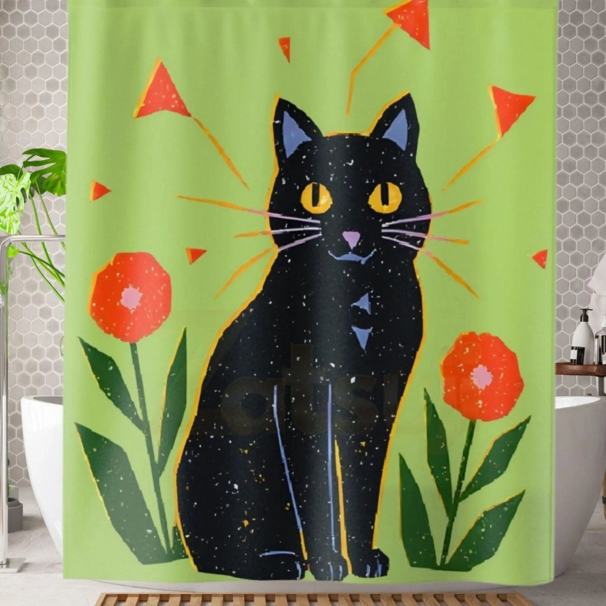 Funky Retro Black Cat Shower Curtain. - 71’’ × 74’’ - Home Decor