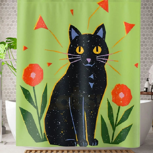 Funky Retro Black Cat Shower Curtain. - 71’’ × 74’’ - Home Decor