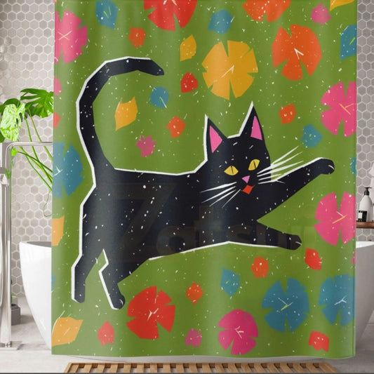 Joyful Retro Black Cat Shower Curtain - 71’’ × 74’’ - Home Decor