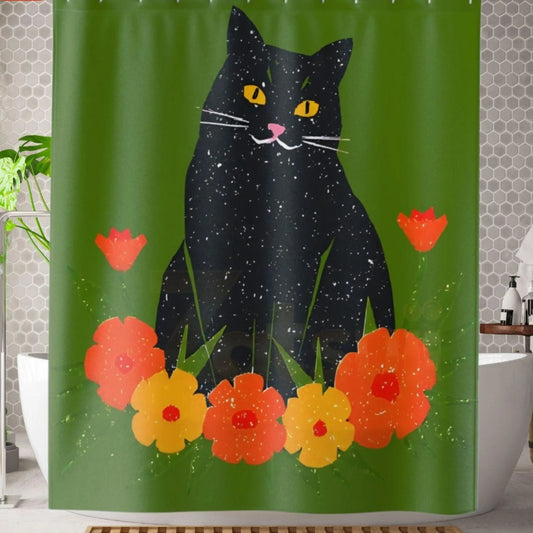 Happy Retro Black Cat Shower Curtain. - 71’’ × 74’’ - Home Decor