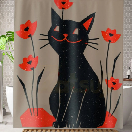 Quirky Retro Black Cat Shower Curtain. - 71’’ × 74’’ - Home Decor