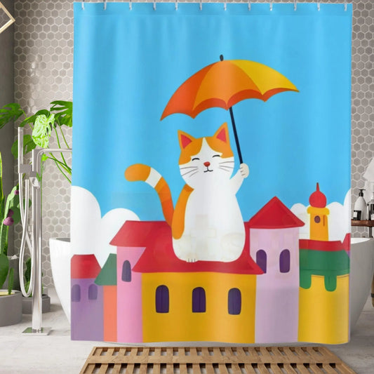 Cute Umbrella Cat Shower Curtain. - 71’’ × 74’’ - Shower curtain