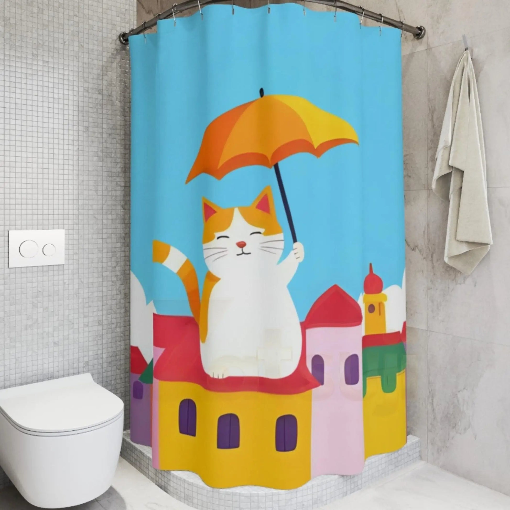 Cute Umbrella Cat Shower Curtain. - 71’’ × 74’’ - Shower curtain