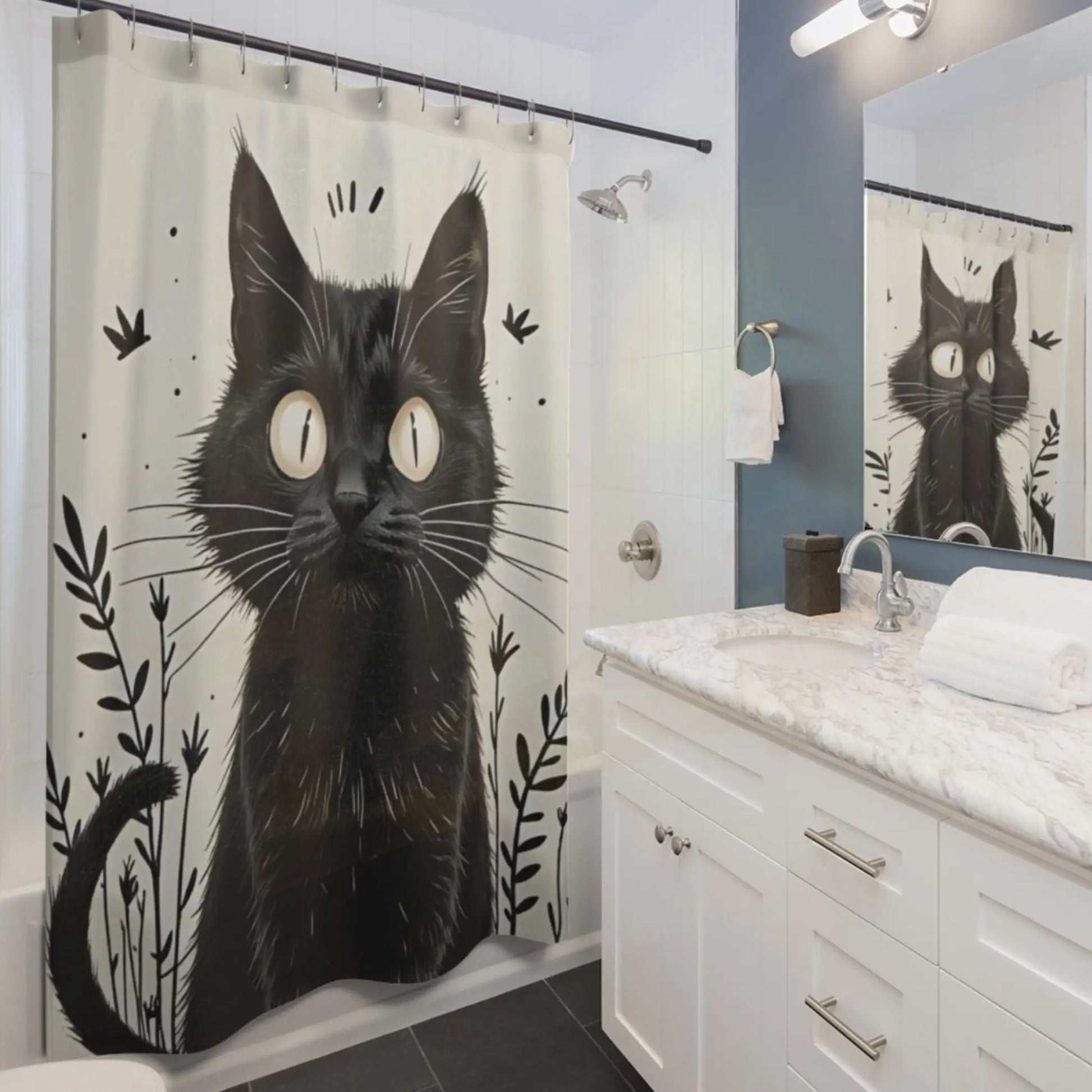 Whimsical Vintage Black Kitten Shower Curtain. - 71’’ × 74’’ - Shower curtain