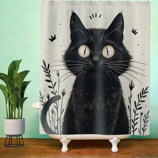 Whimsical Vintage Black Kitten Shower Curtain. - 71’’ × 74’’ - Shower curtain